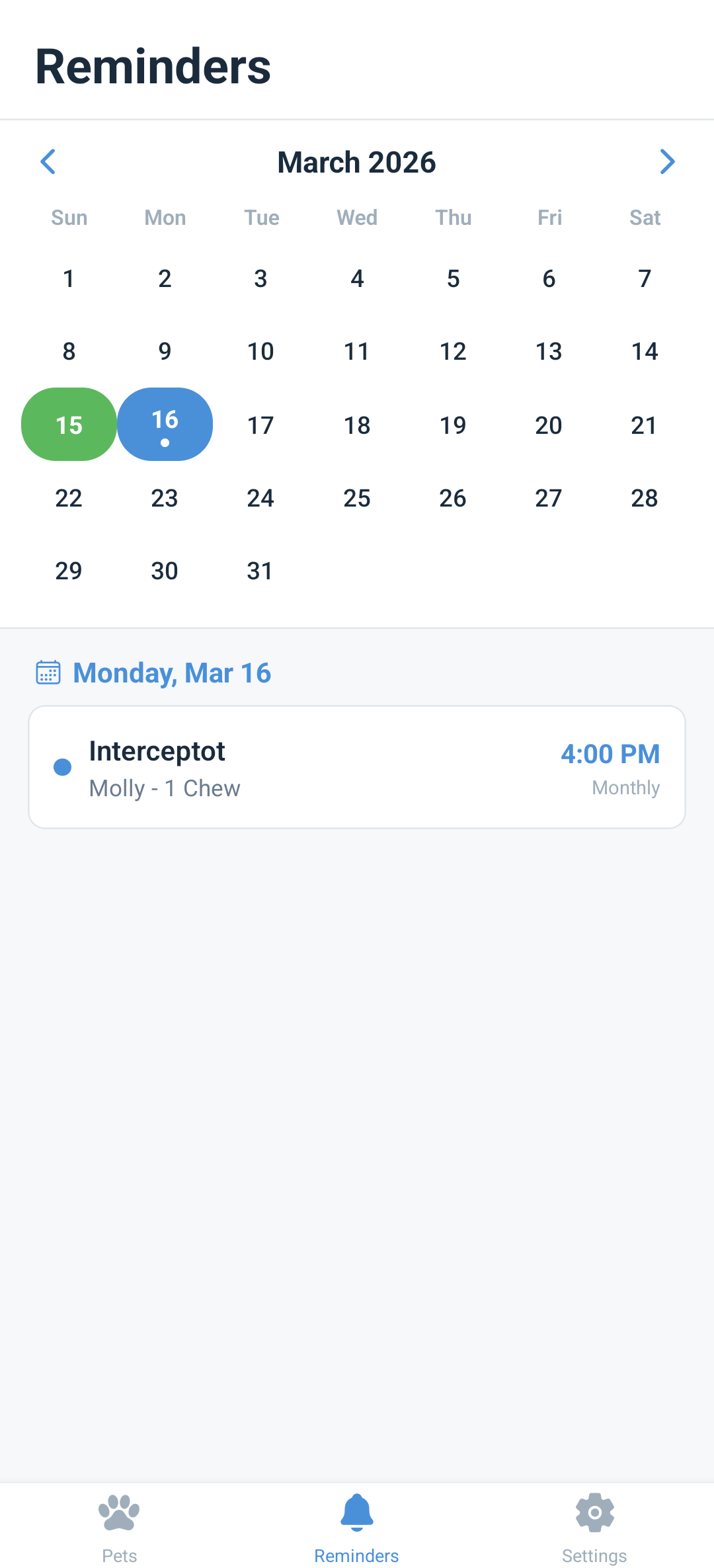 VetMed Tracker - Reminders Calendar